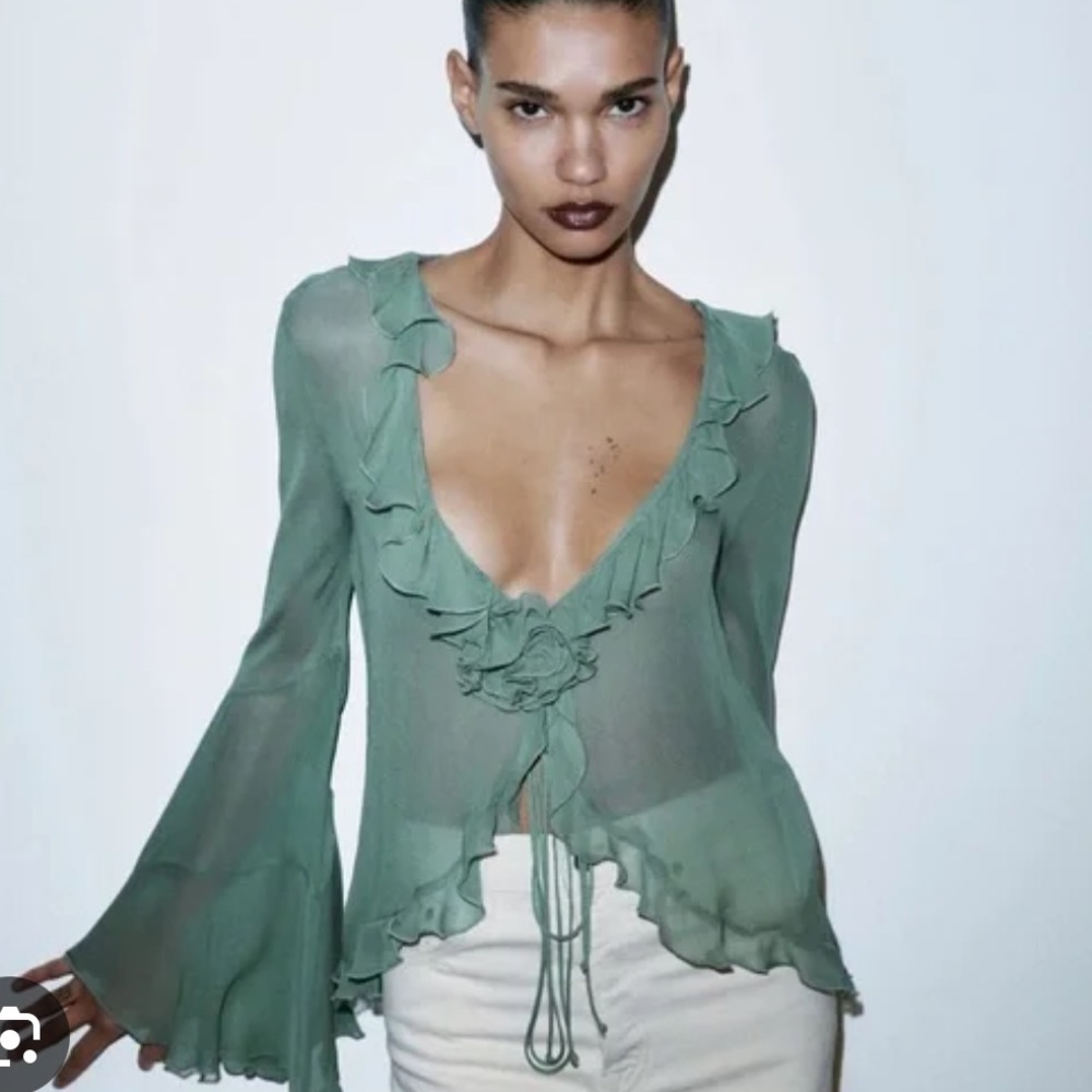 Zara Teal Ruffled Blouse